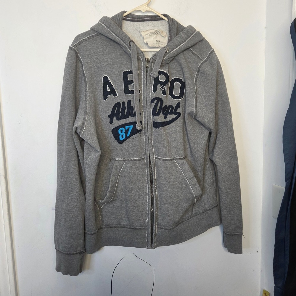 Aeropostale Mens XL Gray Full Zip Hoodie Aero Athl Dept 87 Graphic Sweatshirt